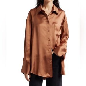 Alice + Olivia Women's Finley Oversized Button Down Blouse Copper Brown Satin